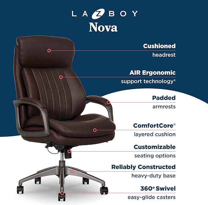 La-Z-Boy Nova Vegan Leather Modern Executive Ergonomic Design Office Chair, Memory Foam Thick Contoured Seat Back with Patented Lumbar Support Technology, Soft to Medium Sit Comfort, Brown