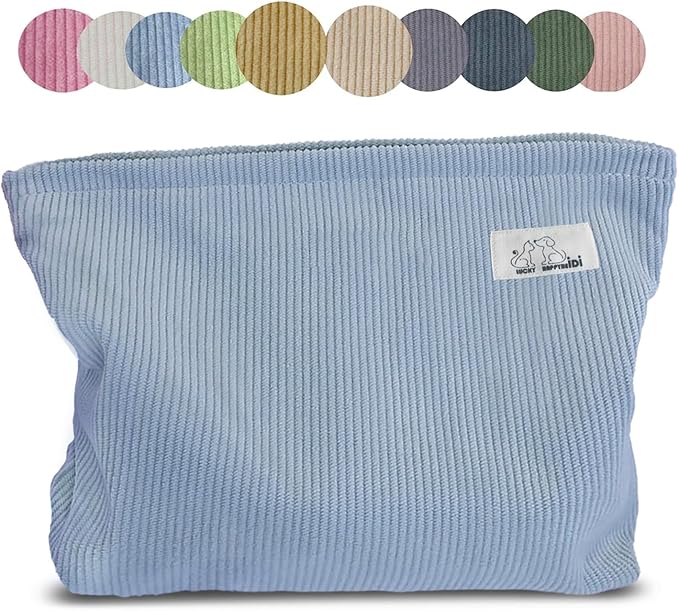 HAPPYHEIDI Large Corduroy Makeup Bag with Compartment Cosmetic Toiletry Travel Accessory Pouch Purse Organizer, Soft Misty Blue