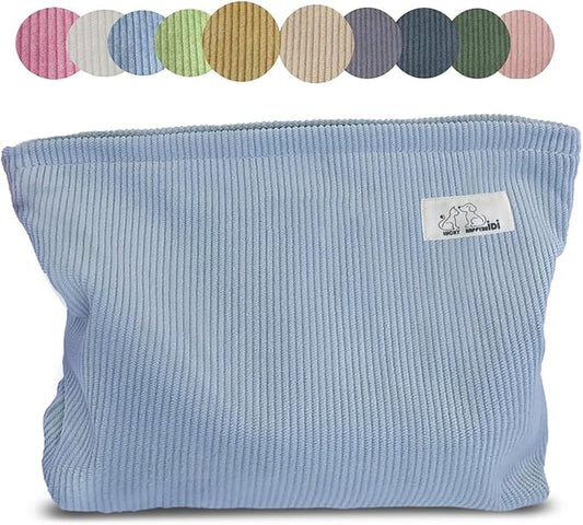 HAPPYHEIDI Large Corduroy Makeup Bag with Compartment Cosmetic Toiletry Travel Accessory Pouch Purse Organizer, Soft Misty Blue