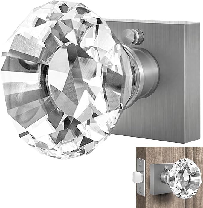 Silver Crystal Door Knob with Lock, Square Base, Glass Door Knobs Interior Privacy Set, Vintage Decorative Antique Style Handle for Bedroom, Bathroom, Closet, 1 Pack