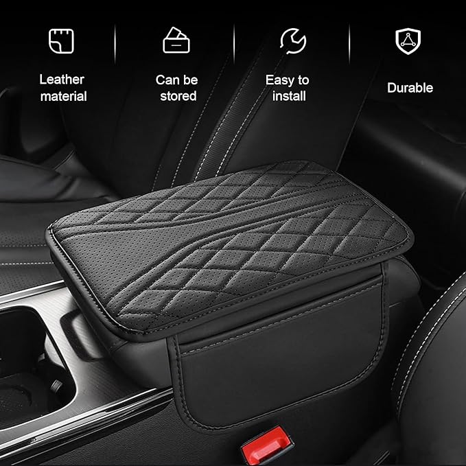 Arwrilt Car Center Console Cover, Leather Automotive Armrest Cushion with 2 Storage Bags, Breathable Armrest Cover, Universal Waterproof Arm Rest Protection Pad for SUV, Sedan, Truck (Black)