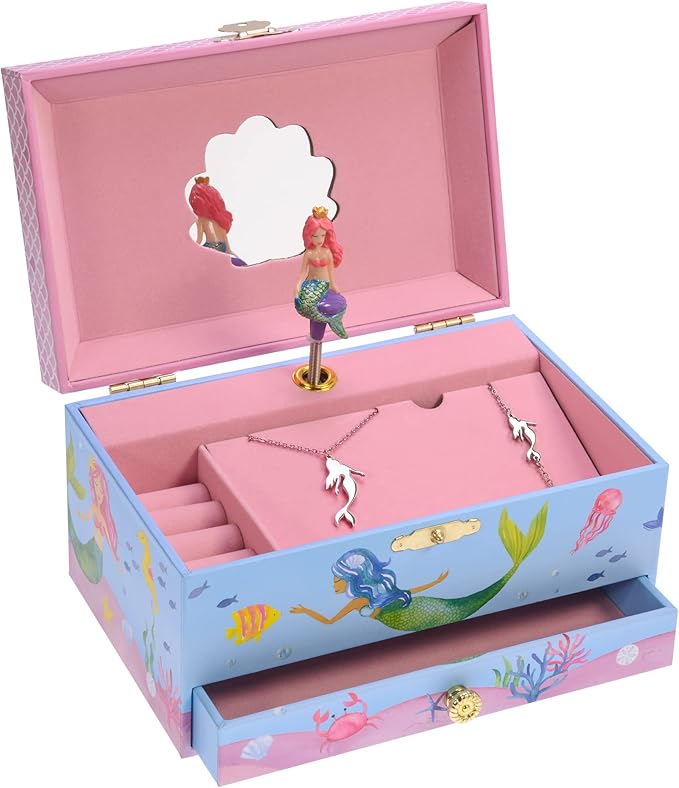 Jewelkeeper Mermaid Music Box & Little Girls Jewelry Set - 3 Mermaid Gifts for Girls - Jewelry Box for Girls