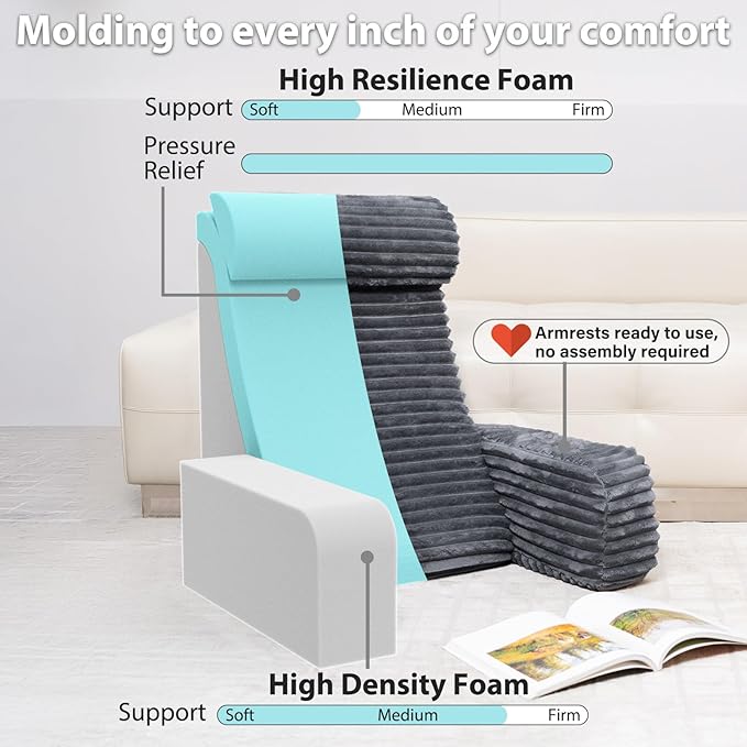 ENITYA Reading Pillow for Sitting in Bed Adult, 24in XXL Back Pillow for Bed Sitting up, Big Pockets & Built-in Arms, Back Support Chair Pillow for Watching TV/Reading/Gaming/Resting/Post Surgery,Grey