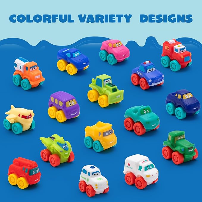 JOYIN Cartoon Cars, Soft Rubber Toy Car Set, Mini Vehicles, Bath Toy Car for Toddlers, Gift for Boys and Girls Christmas Birthday, Summer Beach and Pool Activity, Party Favors for Kids