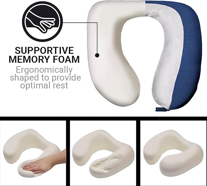 American Dreamer, Deluxe Travel Pillow, Comfortable Memory Foam Neck Pillow for Uninterrupted Sleep, Ideal for Airplane, Bus, Car, and Train, Travel Essentials, Made in USA, Dark Blue
