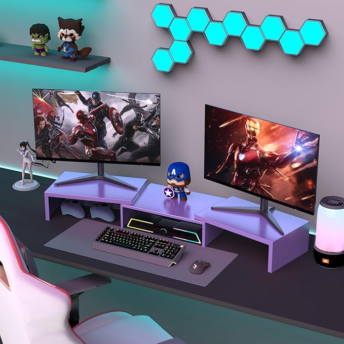 OUTIOE Dual Monitor Stand for Desk, Metal Monitor Riser, Purple Office Supplies Desk Accessories (Purple)