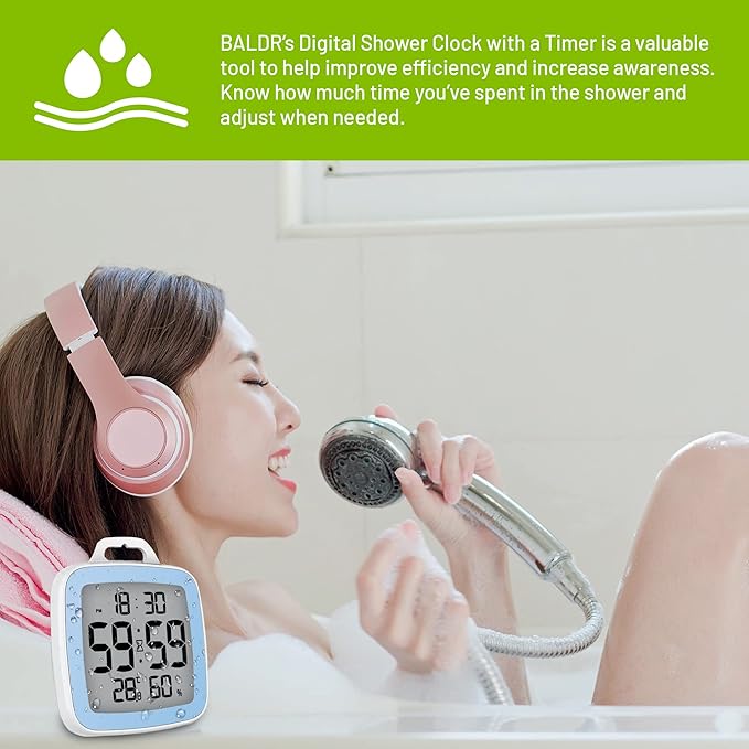 BALDR Digital Bathroom Clock with Timer - Waterproof Shower Clock with Time and Temperature - Waterproof Shower Timer for Kids and Adults - Bathroom Timer, Digital Shower Clocks for Bathroom (Blue)