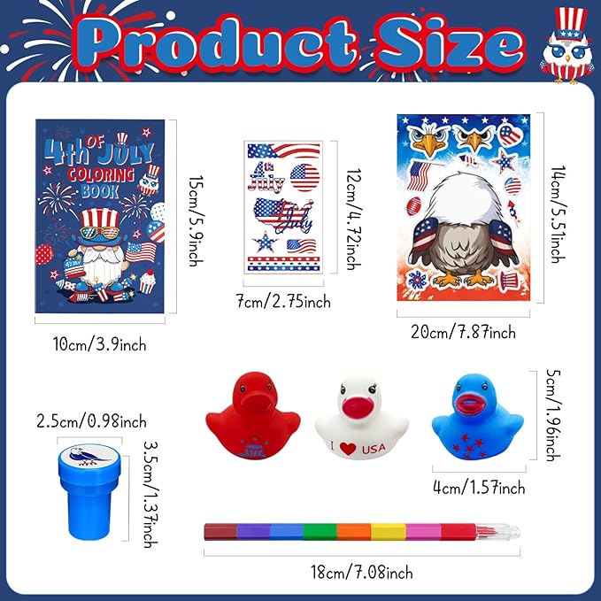 72 Pcs Patriotic Party Favors Set, 4th of July Coloring Books Red White Blue Party School Exchange Gifts Tattoo DIY Sticker Stampers Class Reward Prizes for Independence Memorial Day Party Supplies