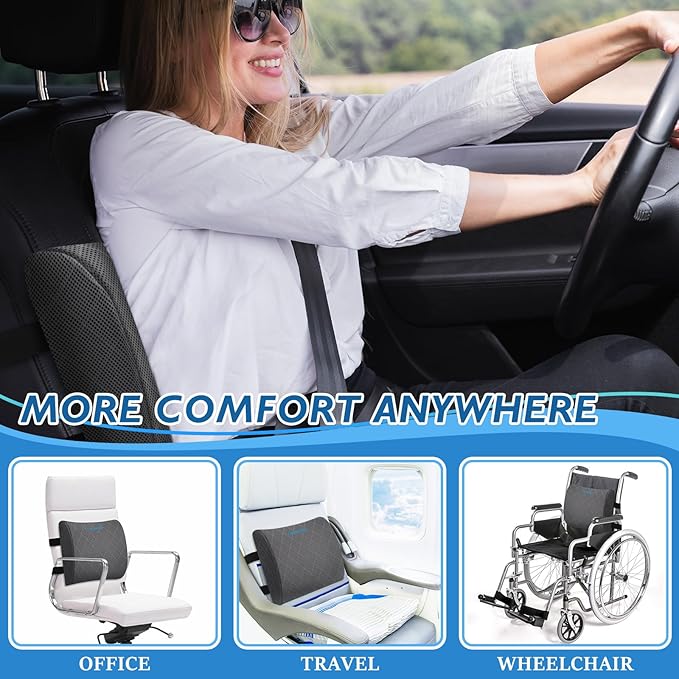 Lumbar Support Pillow for Office Chair Back Support Lumbar Pillow for Car, Gaming, Office Chair - Improve Sitting Posture & Back Pain Relief, Memory Foam, Adjustable Straps, Grey