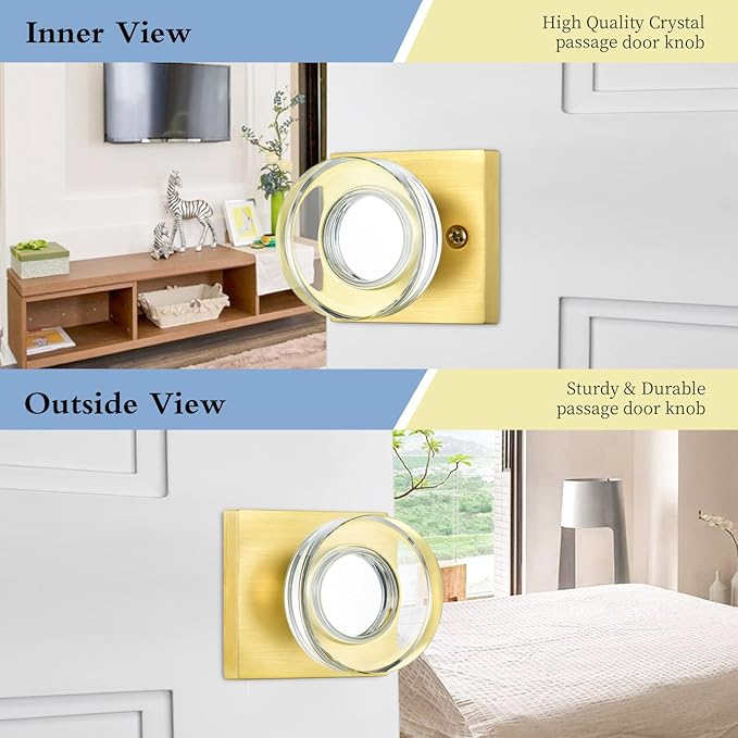 coolnews Passage Function Clear Crystal Glass Door Knobs Interior, Modern Gold Door Knob with Square Plate, Satin Brass Finish