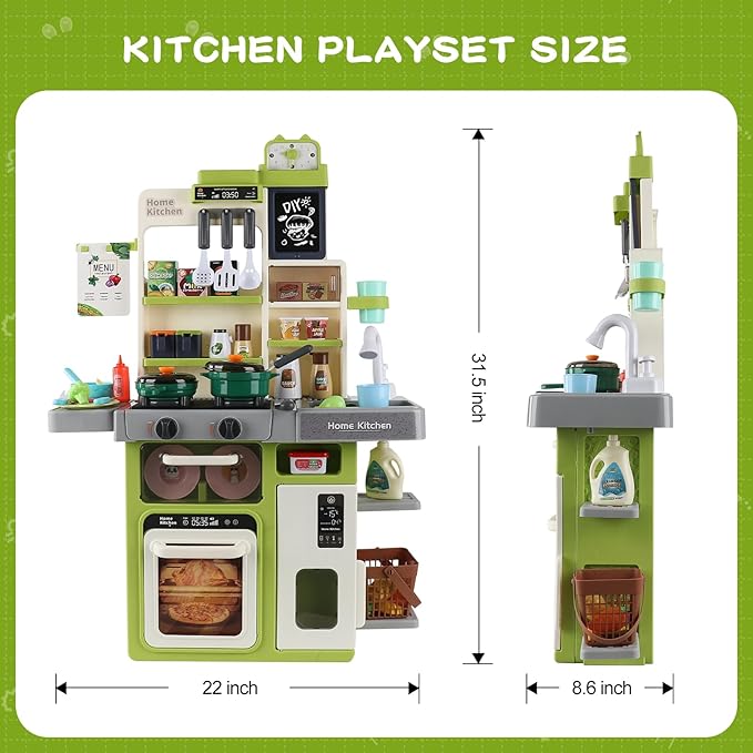 Kids Kitchen Playset, IRIMMY Kitchen Set for Toddler w/Realistic Cooking Light, Sounds, Steam, Sink, and Toy Kitchen Accessories, Pretend Kitchen Toys for Kids Girls Boys, Green