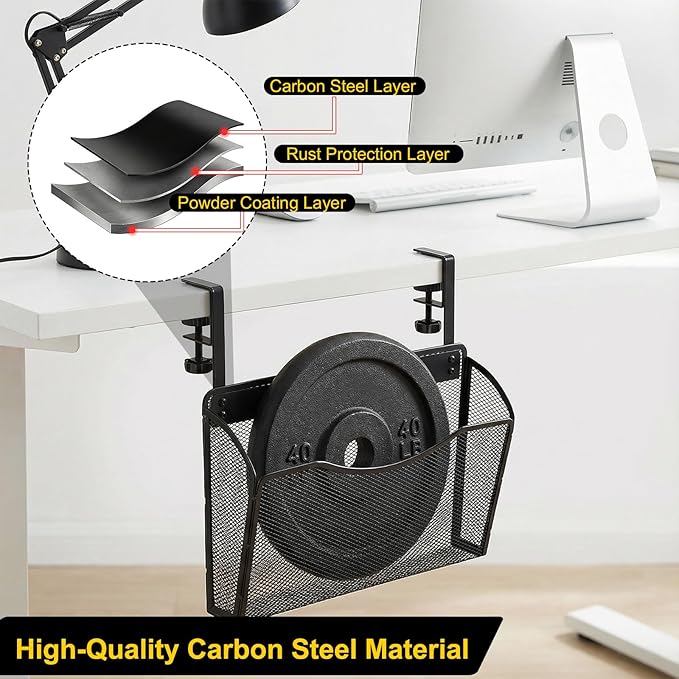 Clamp On Desk Organizer, 2-IN-1 Under Desk Side Organizer Storage Hanging Wall Mounted File Holder Under Desks Drawer Mesh File Organizers for Office Home Room Storage Basket