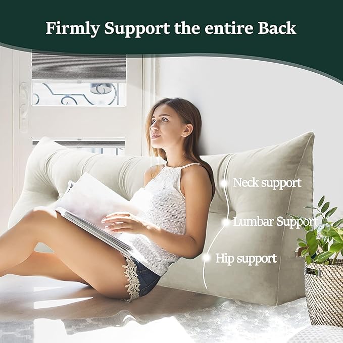 Headboard Wedge Pillow Large Bolster Reading Pillows for Sitting in Bed Adult,Velvet Triangular Cushion Backrest Lumbar Back Support Upholstered Daybed Sit Up Book Pillows(White,Queen)