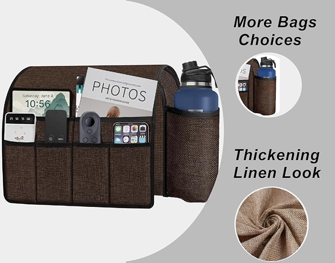 Ntomtuex Sofa Armchair Caddy Remote Control Holder with Water Bottle for Couch Recliner, Armrest Organizer with 7-Pocket Design for Magazines, Eyeglasses, iPad, Phone, Coffee