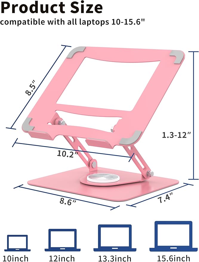 ALASHI Laptop Stand for Desk with 360° Rotating Base, Multi-Angle Adjustable Laptop Stands, Foldable Laptop Riser Compatible with 10 to 15.6 Inches PC Computer, Pink