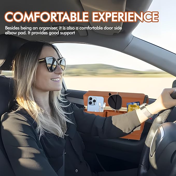 wuyaoyao Car Window Armrest Storage Box, Leather Automotive Door Side Storage Bag & Elbow Rest Pad, Multifunctional Vehicle Door Arm Rest Pad with Pockets, Universal Interior Car Accessories (Brown)