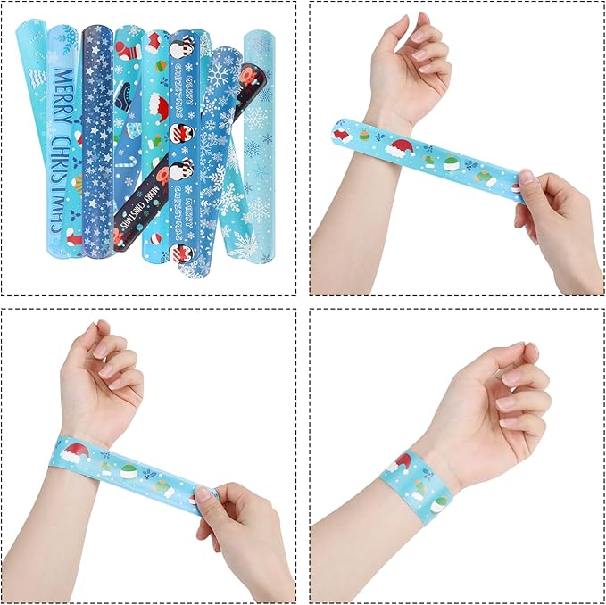 CCINEE 48Pcs Christmas Slap Bracelets，Xmas Snowflake Slap Wristbands Assorted Christmas Theme Pattern Snap Wristbands for Kids Christmas Frozen Party Favors Gift Bag Filler