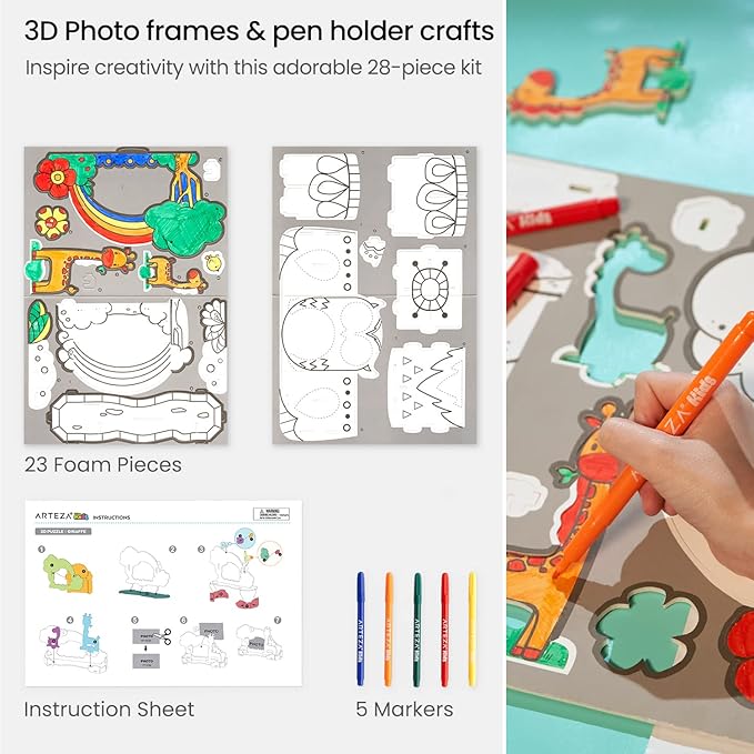Arteza Kids 3D Puzzle, Owl & Giraffe to Craft, Photo Frame & Pen Holder Model Kit with 23 Foam Pieces, 5 Nontoxic Markers, and Easy-to-Follow Instructions, Art Supplies for Kids’ Activities