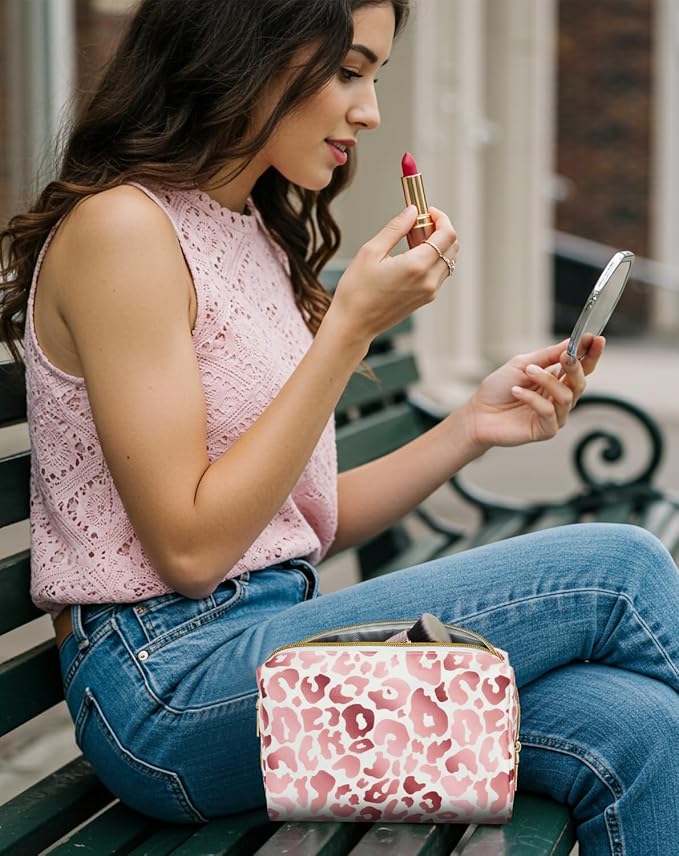 Aosbos Small Travel Makeup Pouch - Pink Leopard Print Cosmetic Case for Women