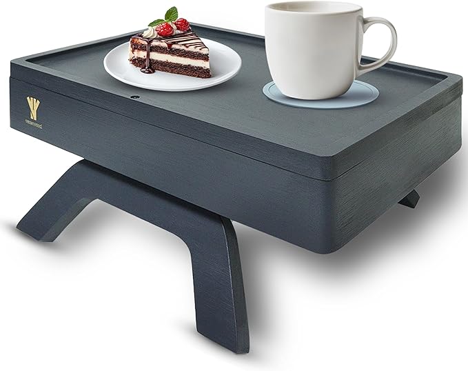 Bamboo Couch Arm Table, Sofa Arm Tray, 360 Rotating Table, Clip On Side Table for Couch, Perfect Size for Remotes, Storage and Includes 4 Bonus Coasters, 13x9.25x2.5in, Grey