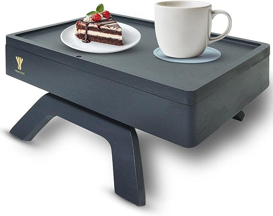 Bamboo Couch Arm Table, Sofa Arm Tray, 360 Rotating Table, Clip On Side Table for Couch, Perfect Size for Remotes, Storage and Includes 4 Bonus Coasters, 13x9.25x2.5in, Grey