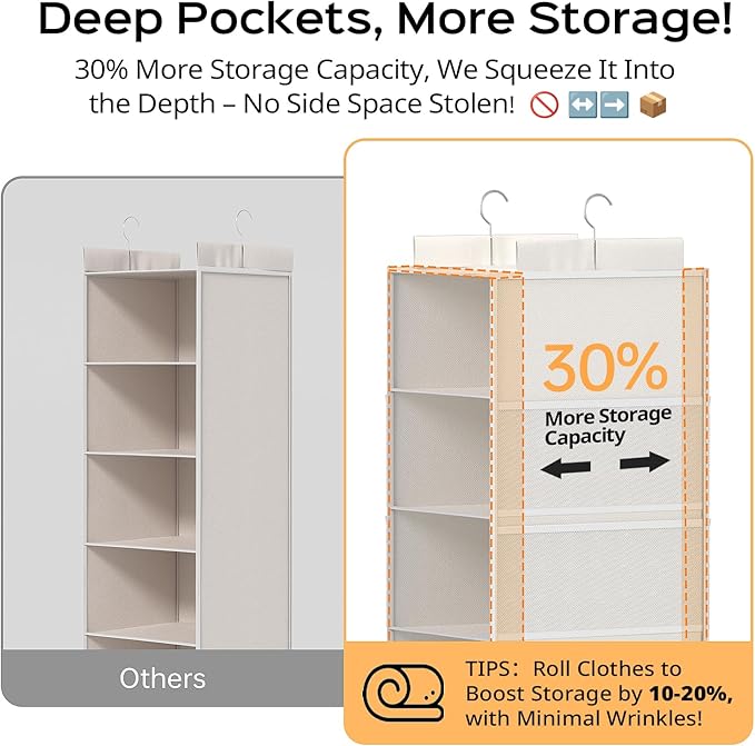 ALLTIDYUP Extra Deep Hanging Closet Organizer with Shelves and Oversized Mesh Pockets, Heavy-Duty Structure, No Deformation, Max Storage for Clothes, Shoes, Hats, Dorms and RVs,1-Pack (White, 6 Tier)