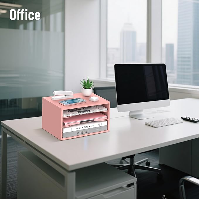 Wood Desk Organizer, 3 Tier Paper Tray Organizer for Desk with Adjustable Storage Shelves, Desktop File Organization Paper Sorter Mail Holder for Office Home Classroom, Pink