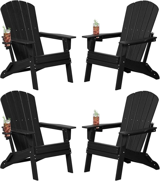 Plawdlik Folding Adirondack Chair Set of 4, Cup Holder，Wooden Textured ，Heavy All-Weather HDPE Comfortable Set Poolside Backyard Lawn Black