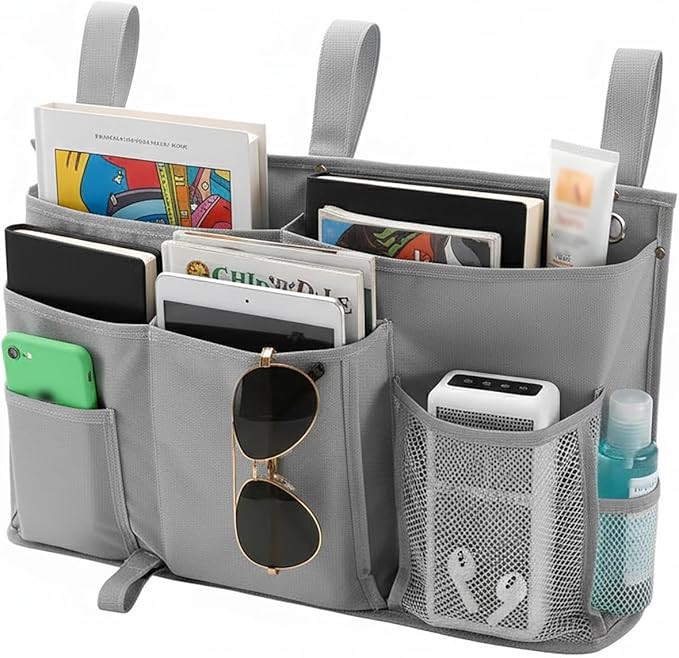 Bedside Organizer, Durable Bunk Bed Caddy, Multi-Pocket Hanging Storage Bag for College Dorm, Home, Hospital and Baby Stroller, Easy Installation, Metal Rivets Added, Oxford Fabric(Gray)