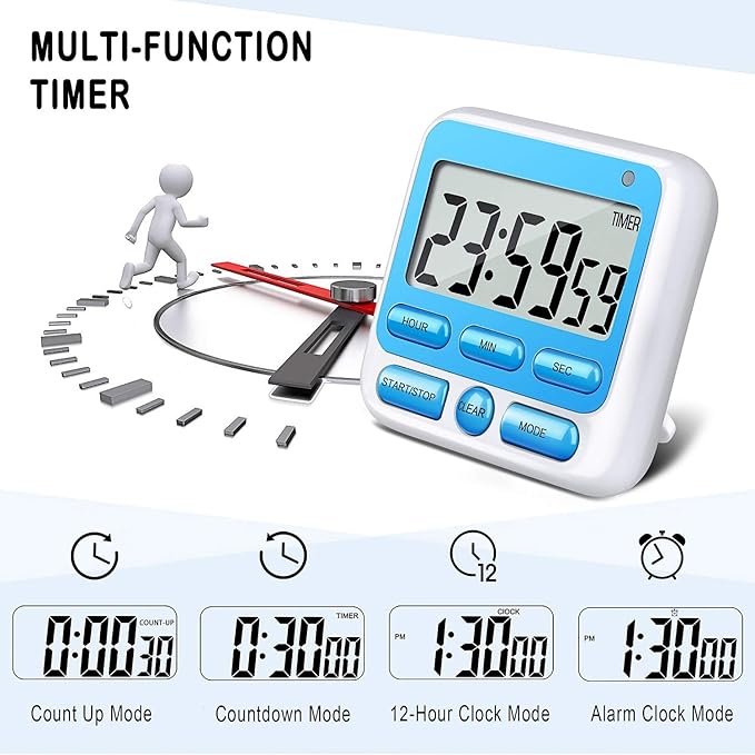 KTKUDY Digital Kitchen Timer with Mute/Loud Alarm Switch ON/Off Switch, 24 Hour Clock & Alarm, Memory Function Count Up & Count Down for Kids Teachers Cooking, Large LCD Display, Strong Magnet (Blue)