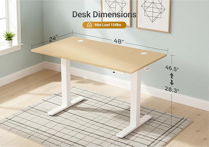 Seang Electric Height Adjustable Standing Desk, 48 x 24 Inch Sit-Stand Workstation with T-Style Frame, 3 Memory Height Options & Built-in Cable Management for Home Office, White Frame/Nature Top