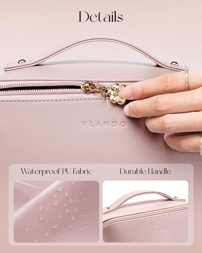Vlando Makeup Bag,Large Capacity Travel Toiletry Bag,Cosmetic Bags for Women PU Leather Waterproof Portable Pouch with Divider & Handle-Pink