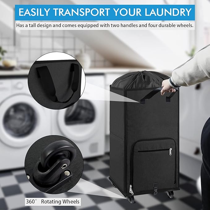 Bukere Laundry Hamper with Wheels, Large Rolling Laundry Basket with 4 Casters and 2 Handles, Collapsible Freestanding Wheeled Laundry Bag for Clothes, Laundry Room, Bathroom