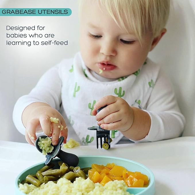 Grabease Baby Led Weaning Supplies - BPA-Free & Phthalate-Free Baby Spoons for Self Feeding - Toddler Fork & Spoon Set, Navy - Toddler Feeding Supplies - Training Forks for 1 Year Old