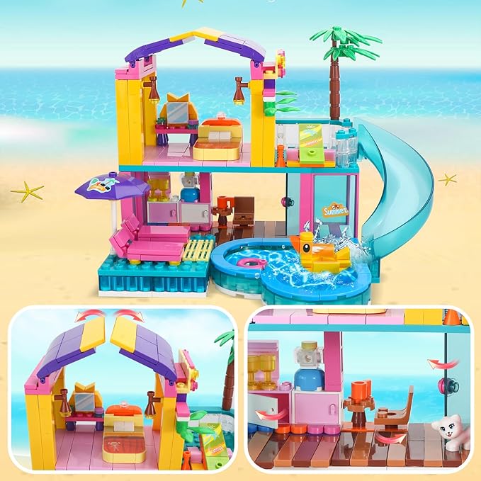 Dream Girls Friends Beach House Building Set 380 PCS Seaside Beach Villa Swimming Pool House with Slide Building Toys Summer Vacation Party Room Dream House Building Kits Gifts for Kids Girls 6-8-12