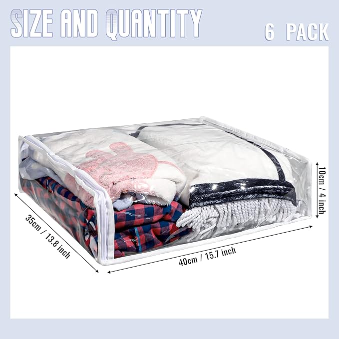 6 Packs Clear Zippered Storage Bags Sweater Moth Bags Plastic Storage for Blankets Clothes Bed Sheet Organizer with Zipper for Closet Linen Sweater Bed Sheet Clothes Pillow(16 x 14 x 4 Inch)