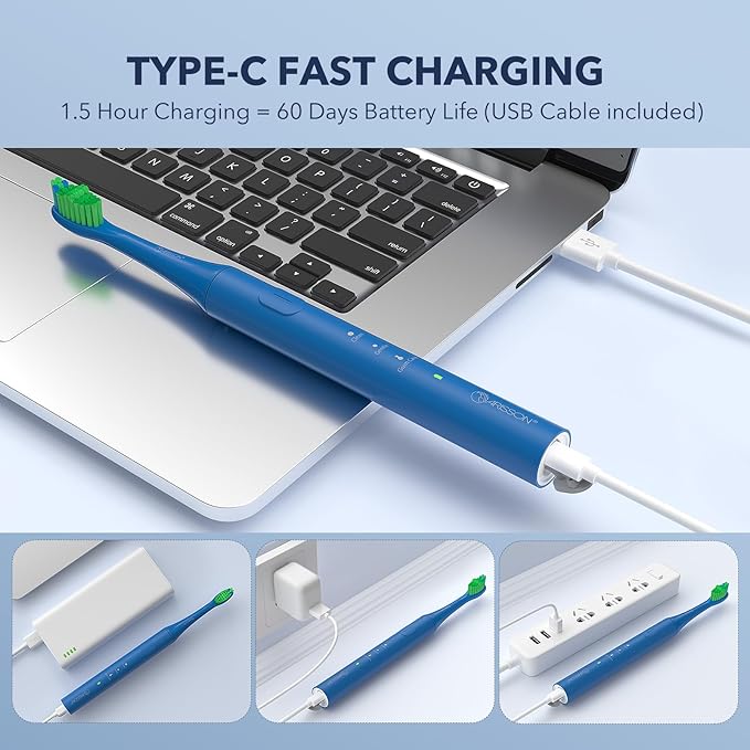 ARISSON Sonic Electric Toothbrush for Adults and Kids, 40,000 VPM Power Toothbrush, 1.5H Fast Charge Ultrasonic Electric Toothbrushes with 2 Minutes Smart Timer, 1.6 Oz Travel Toothbrush, Azure Blue