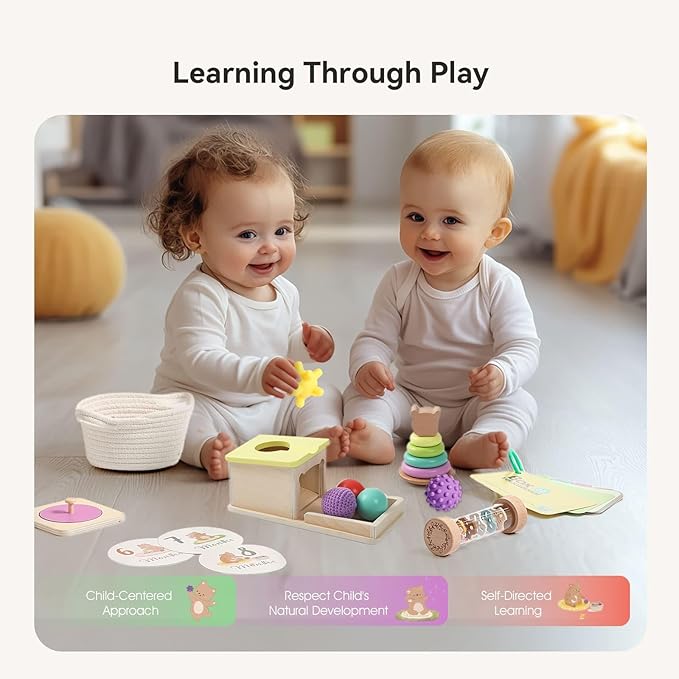 IEATFO Montessori Toys for Babies 6-9 Months, 7-in-1 Wooden Playful Learning Toys with Rainmaker, Multi Sensory Ball, Object Performance Box, Stacking & Nesting Rings, Mirro Knob Puzzle and More