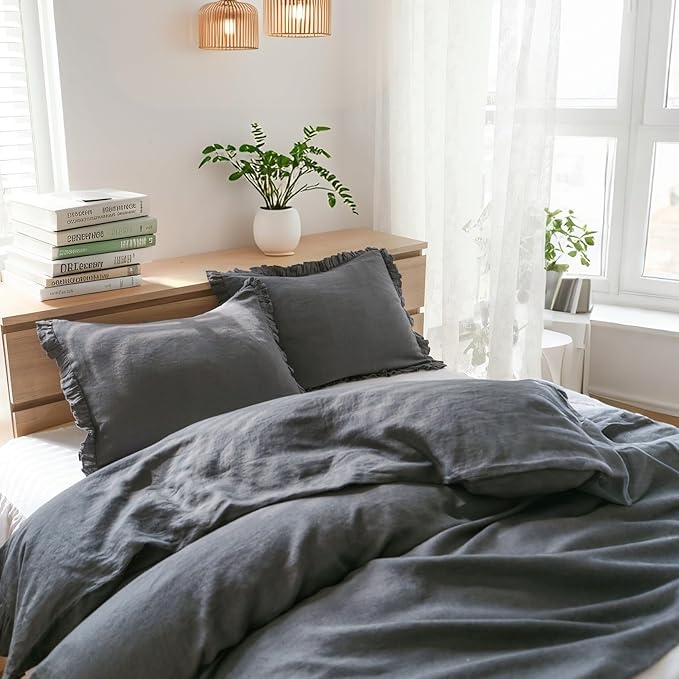 Simple&Opulence 100% Linen Duvet Cover Set, 3 PCS Natural French Flax Dark Grey Ruffle Duvet Cover King Size, Breathable Comfy Linen Bedding Comforter Cover with 2 Pillowcases (Dark Grey, 104" X 92")