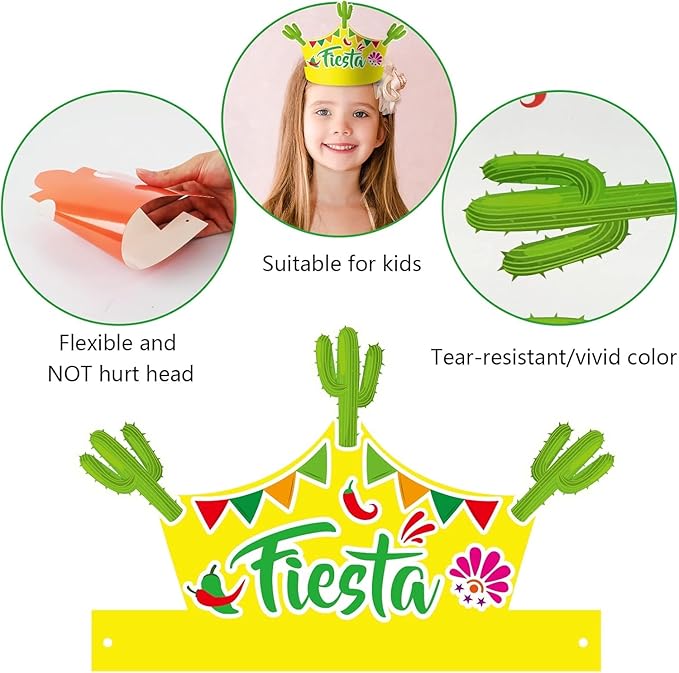 24 Packs Fiesta Cinco De Mayo Mexican Crown for Kids Fiesta Headband DIY Art Craft Cactus Taco Sticker Set Summer Craft Kits for Kindergarten Preschool Home Classroom Game Activities Party Favors