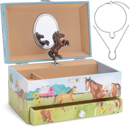 Jewelkeeper Horse Music Box & Little Girls Jewelry Set - 3 Horse Gifts for Girls