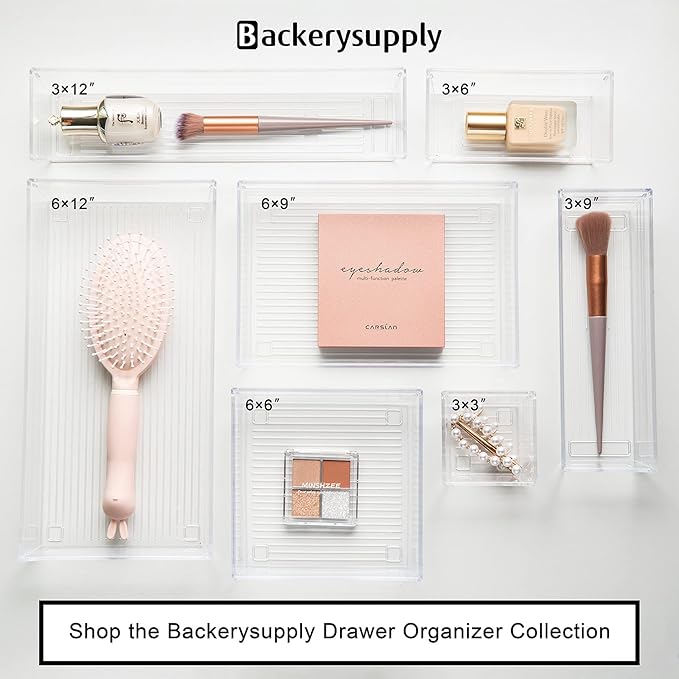 Backerysupply Clear Plastic Drawer Organizer Tray for Vanity Cabinet (6"×6"×2"，Set of 8),Storage Tray for Makeup, Kitchen Utensils, Jewelries, and Gadgets…