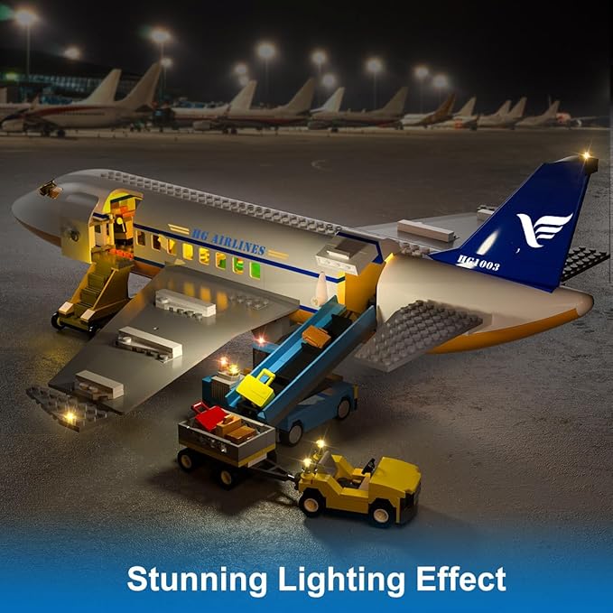 Large City Passenger Airplane Building Toys with LED Light, 21 Inches Plane Building Sets with 2PCS Luggage Trucks, Terminal, Radar Tower, Birthday Gifts for Kids Boys Girls Age 6-12 (901pcs)