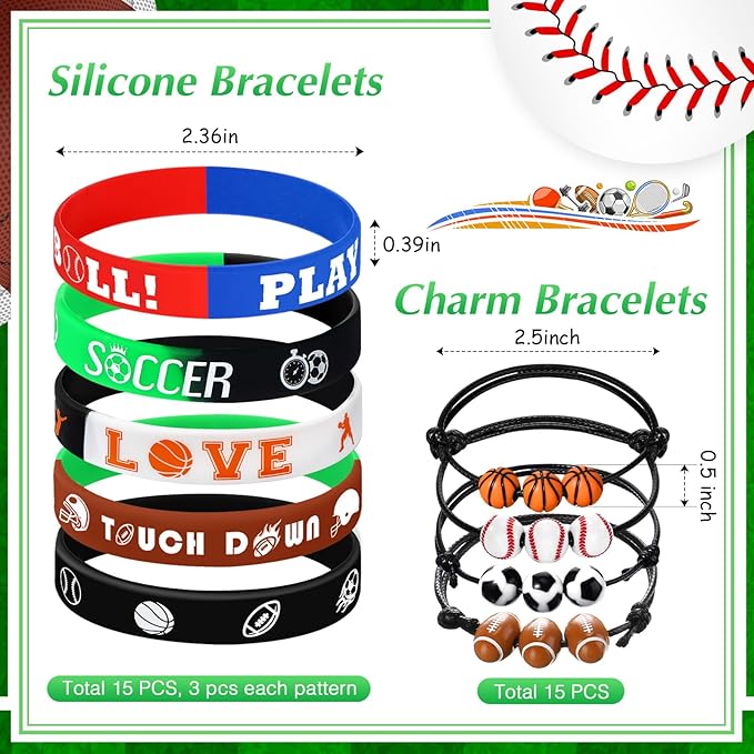 Aoriher Sport Party Favors for Kids, 15 Sets Sport Goodie Silicone Sport Bracelets Mini Stress Ball Keychain Temporary Tattoo Sticker Eraser for Sport Birthday Party Supplies Total 85 Pcs(Sport Ball)
