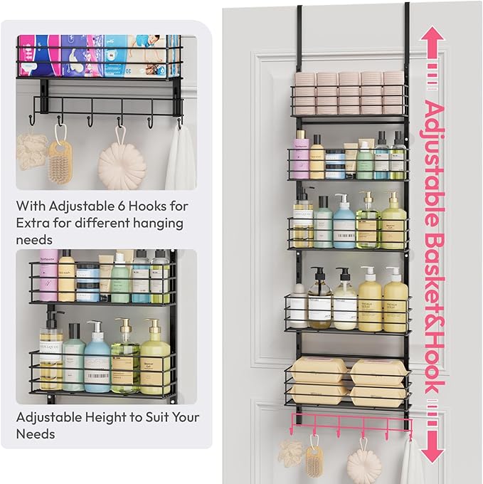 SWTYMIKI Over The Door Organizer - Door Organizer Hanging with 5 Adjustable Metal Large Capacity Basket and 6 Coat Hook, Wall Mounted Shelf for Bedroom Closet Bathroom Laundry Pantry Cabinet Kitchen
