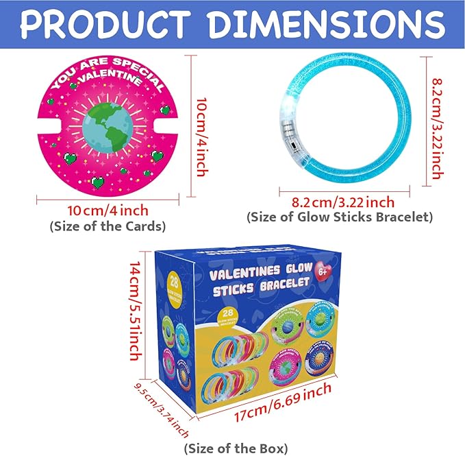 28 Pack Valentines Day Gifts for Kids，Valentine Glow Sticks Bracelet with Valentine's Day Gift Cards for Valentine Light Up Toy Valentines Day Gifts for kids School Classroom Party Favors Supplies