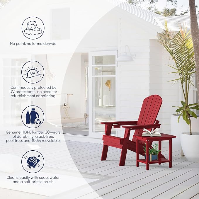 Plawdlik Folding Adirondack Chair, SGS Tested, Wooden Textured with Cup Holder, Heavy All-Weather HDPE Outdoor Chairs for Patio Backyard Lawn,Red