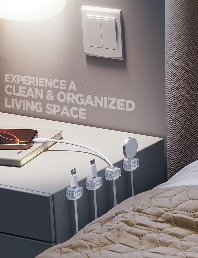 12Pack Cable Clips - Chfeila Latest Dual Spring Cord Organizer with Clasp Lock, [Max Stability] Desk Cable Management, Adhesive Phone Charging Wire Holder for Nightstand/Car/Wall, Office Accessory