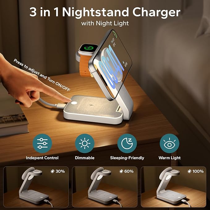 3 in 1 Foldable Wireless Travel Charging Station for MagSafe, Nightstand Magnetic Charger Stand for iPhone 17 16 15 14 Pro Max, Charging Dock with Night Light for Apple Watch/AirPods (White)