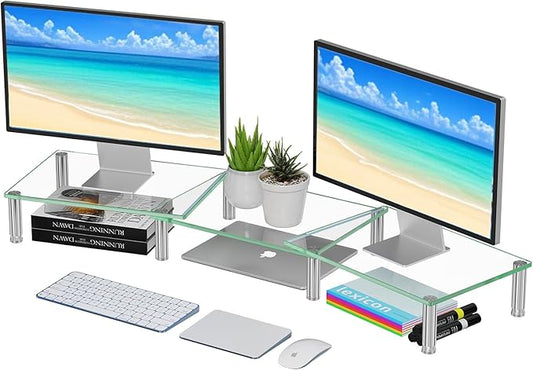 Simple Trending Dual Monitor Stand Riser, Computer Office Desktop Organizer for 2 Monitors with Tempered Glass, Adjustable Length and Angle Stand for Laptop,Printer,TV